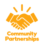 Gold handshake icon representing community partnerships.