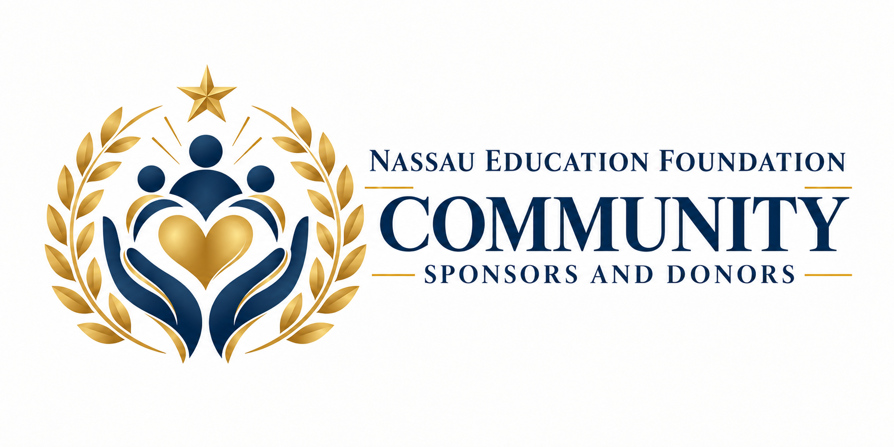 Nassau Education Foundation Community Sponsors and Donors graphic featuring hands supporting a heart and people surrounded by a gold laurel wreath.