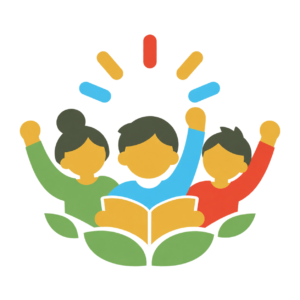 Students raising their hands around an open book.