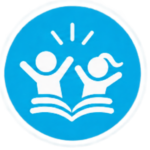 Two students celebrating above an open book