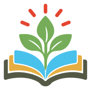 Open book with growing leaves representing NEF classroom grant stories and student learning.