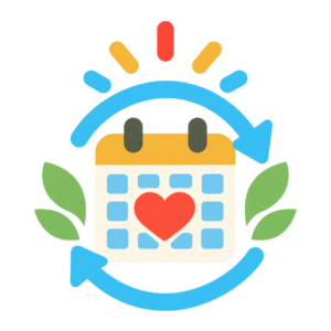 Calendar with circular arrows and heart symbol representing monthly giving.