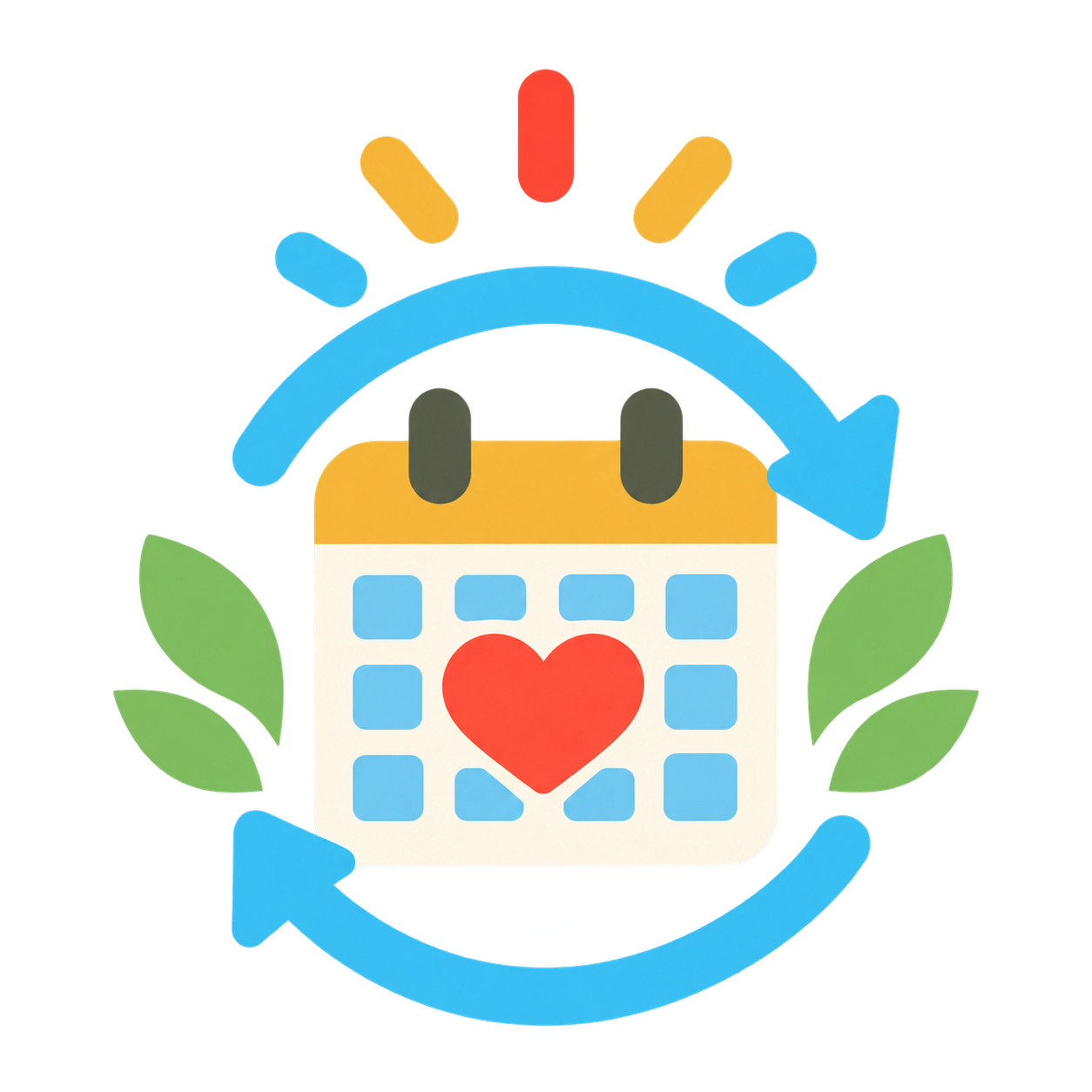 Calendar with circular arrows and heart symbol representing monthly giving.