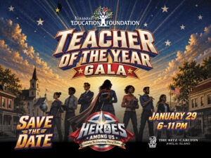 Promotional graphic for the Nassau Education Foundation Teacher of the Year Gala on January 29, featuring the Heroes Among Us theme and educators portrayed as community heroes.