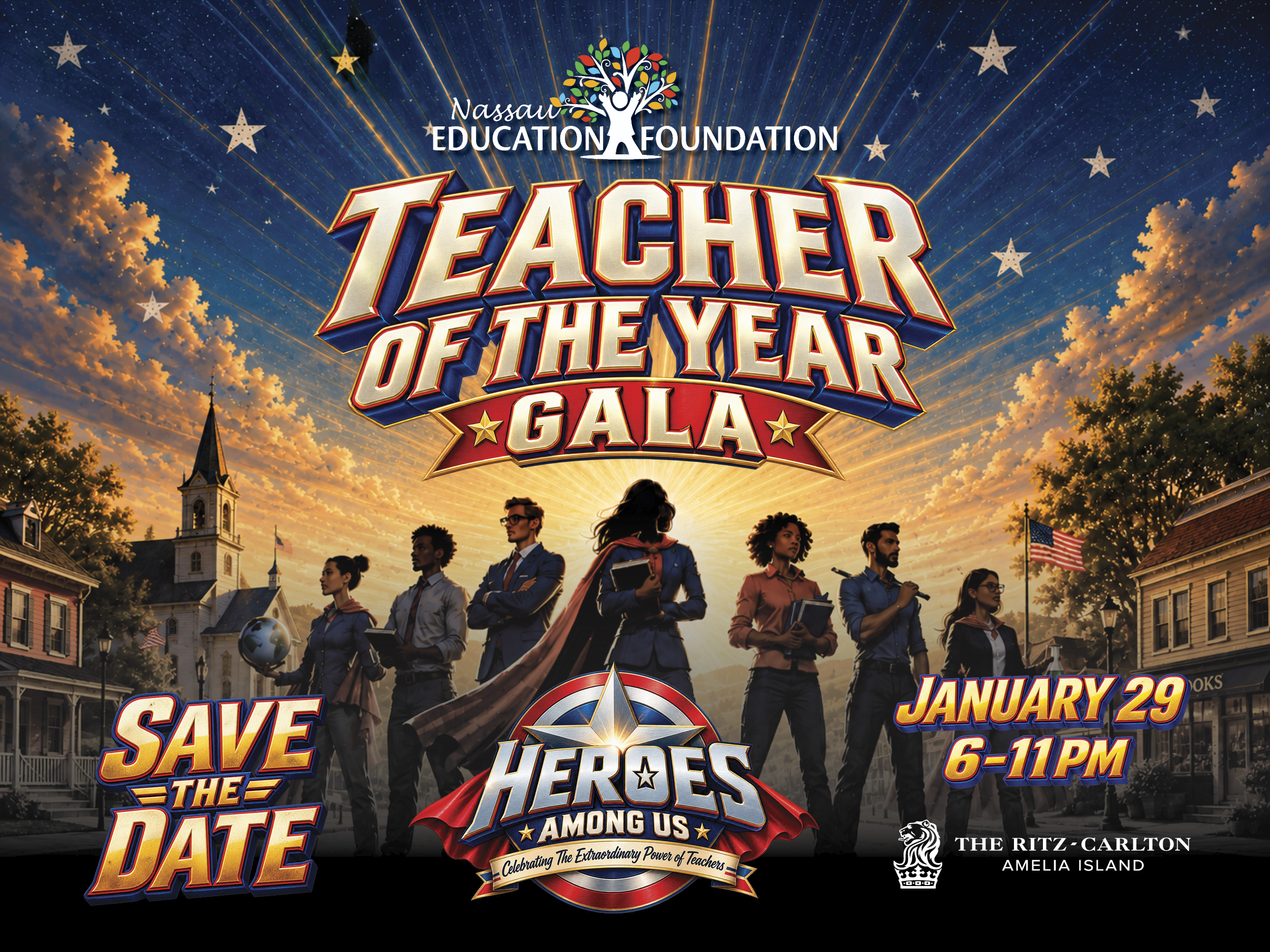 Promotional graphic for the Nassau Education Foundation Teacher of the Year Gala on January 29, featuring the Heroes Among Us theme and educators portrayed as community heroes.