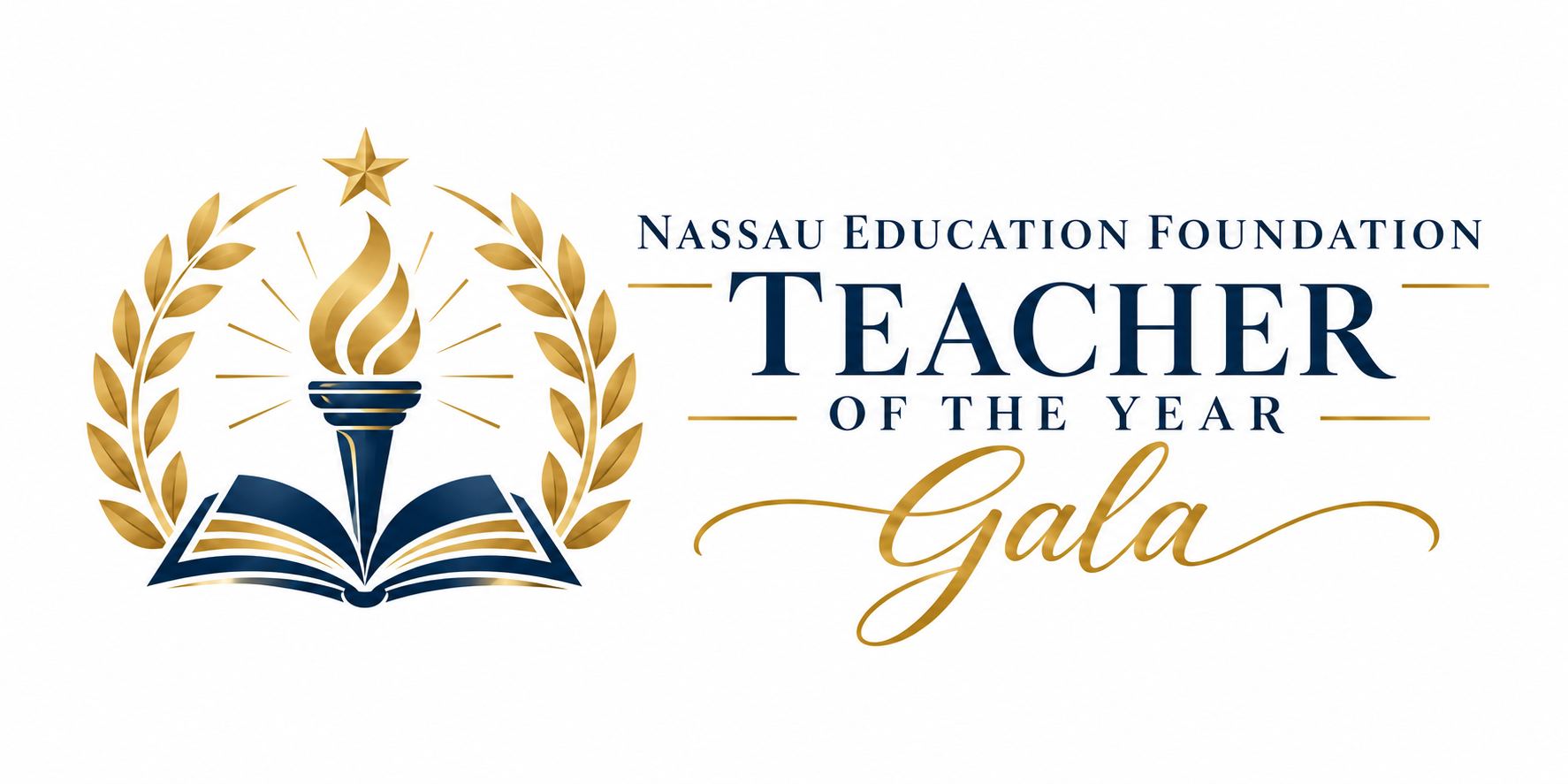 Nassau Education Foundation Teacher of the Year Gala graphic featuring a gold torch rising from an open book surrounded by a laurel wreath.
