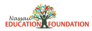 Nassau Education Foundation logo featuring a stylized open book and wave icon with the organization name.
