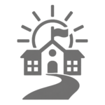 School with pathway and rising sun icon representing a stronger future through education.
