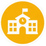 School building with a clock and flag