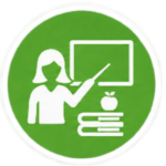 Teacher standing beside a classroom board with books and an apple