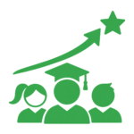 Students with graduation cap and upward arrow icon representing student opportunities.