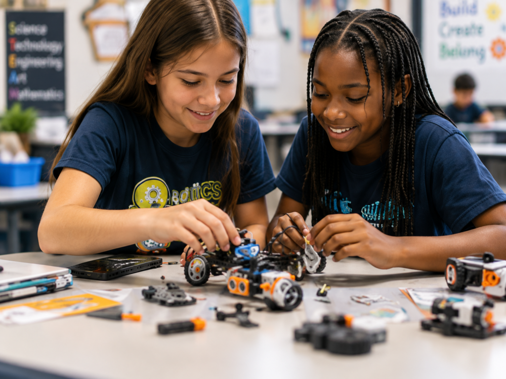 Two Callahan Intermediate students work together to build and program a small robot during a hands-on STEM classroom activity.