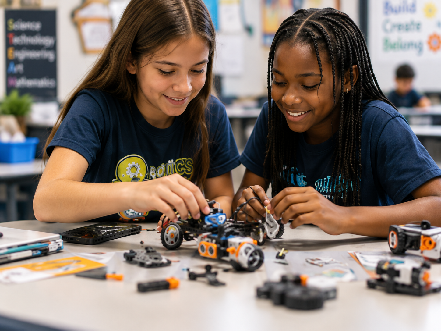 Two Callahan Intermediate students work together to build and program a small robot during a hands-on STEM classroom activity.
