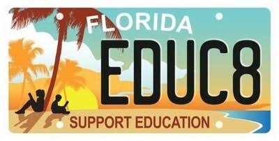 Florida Support Education specialty license plate featuring a colorful beach scene, palm trees and the words “Support Education.”