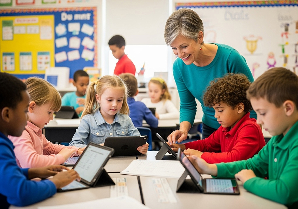 Teacher helps elementary students work together on a tablet.
