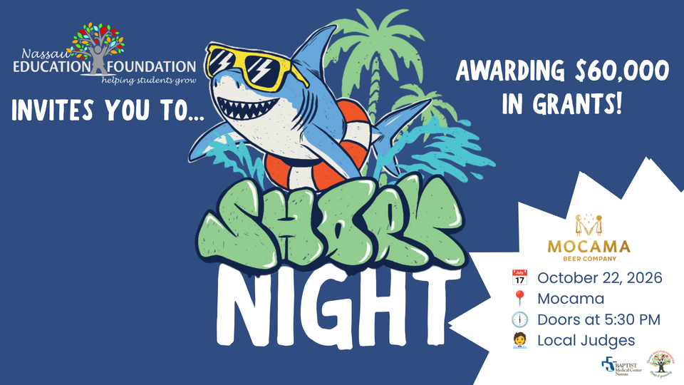 Nassau Education Foundation Shark Night fundraiser on October 22, 2026, at Mocama Beer Company, featuring a tropical shark graphic and $60,000 in grants to be awarded.